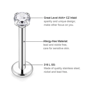 Piercing labbro in acciaio 316L con zircone AAA+ rotondo e base a disco piatto