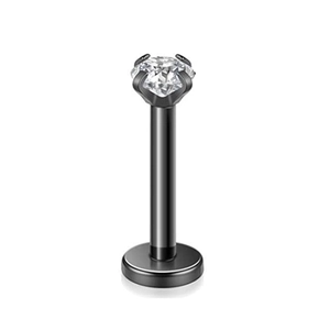 Vista dettagliata del piercing 16G nero con base piatta e zircone con sei griffe