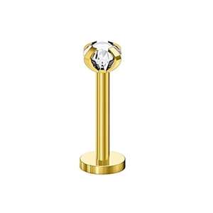 Dettaglio macro del piercing piatto 16G in acciaio dorato con zircone incastonato a quattro punte