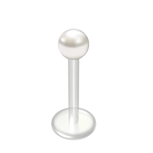Macro detail of labret jewelry with a white pearl top and transparent acrylic bar