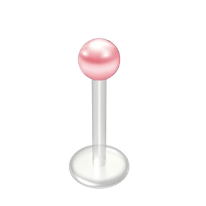 Close-up of a 16G flat back piercing stud with a pink pearl top and clear acrylic post