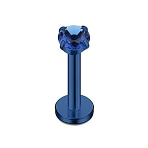 Dettaglio piercing labret blu 16G con zircone blu sfaccettato e base piatta in acciaio titanio