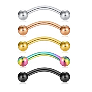 Five-piece stainless steel curved barbell set for eyebrow piercing in assorted metallic colors