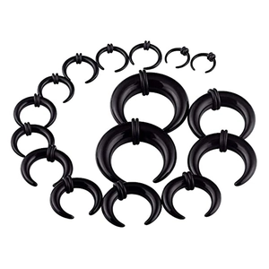 Set of black acrylic bull horn ear tapers in various sizes with rubber o-rings