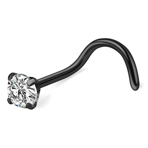Black stainless steel spiral nose stud with a clear round four-prong zircon stone