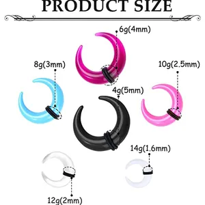 Size chart for UV acrylic crescent ear stretchers with black O-rings from 1.6mm to 5mm
