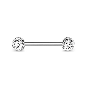 Polished stainless steel tongue ring set with black and white marble ink texture balls