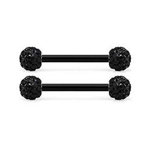 Detail of 14G black barbells with frosted shambhala balls for tongue and nipple piercing