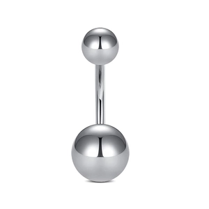 Piercing de ombligo de acero inoxidable plateado pulido con doble bola en fondo blanco