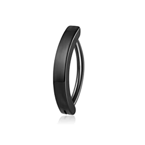 Detailed view of matte black curved belly button ring with flat minimalist wide panel
