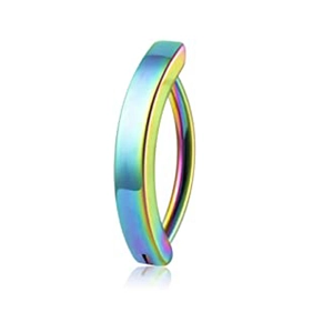 Macro detail of the rainbow gradient surgical steel belly bar with mirror finish