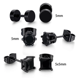 Set de 3 paires de boucles d'oreilles noires avec disque, zircon rond et zircon carré