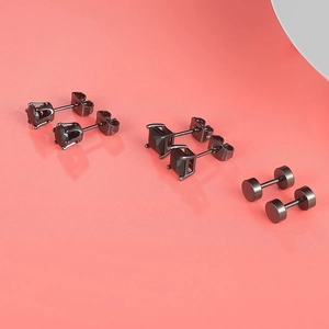 Lot de trois paires de boucles d'oreilles noires avec zircon rond, carré et style haltère