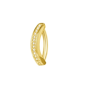 Detailed close-up of golden curved navel ring featuring embedded white zircons