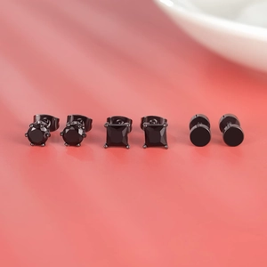 Ensemble de 3 paires de boucles d'oreilles noires en acier avec zircons ronds et carrés