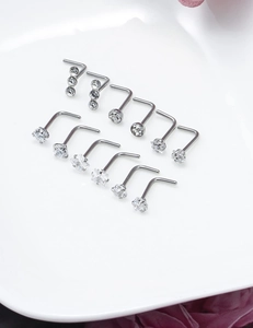 12-teiliges L-Nasenstecker-Set aus silbernem Edelstahl mit funkelnden klaren Zirkonia-Steinen