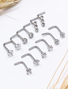 12er-Set L-Nasenstecker aus Edelstahl mit Herz- und runden Zirkonia-Steinen