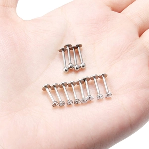 Set of 12 stainless steel labret studs with silver balls and clear zircon stones