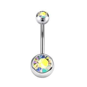 Piercing para el ombligo de acero plateado con cristales de arco iris AB brillantes