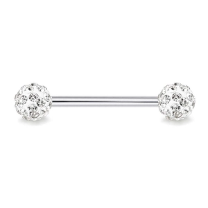 Polished stainless steel tongue barbell with shimmering paved crystal Shamballa beads