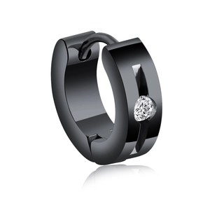 Boucle d'oreille créole noire polie pour homme avec un oxyde de zirconium rond brillant