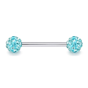 Detail view of 14G stainless steel piercing bar with light blue shimmering crystal balls