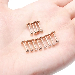 12-piece rose gold 16G stainless steel labret set with crystal zircons and balls