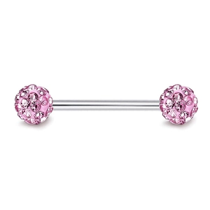 Polished stainless steel barbell piercing with pink rhinestone Shamballa balls