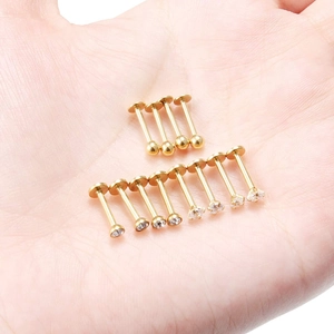 Lot de 12 piercings de lèvre dorés en acier inoxydable avec boules et zircons brillants