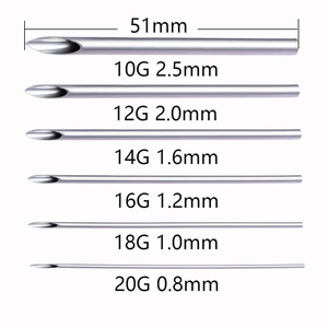 Set aghi per piercing in acciaio inossidabile in 6 misure da 10G a 20G con lunghezza 51mm