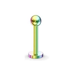 Macro detail of rainbow stainless steel lip stud with flat back and colorful gradient finish
