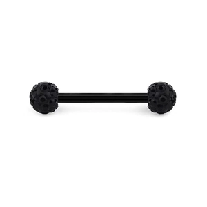 Close-up of black stainless steel barbell piercing with faceted Shamballa style spheres