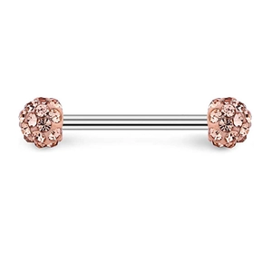 Macro detail of a 14G stainless steel barbell nipple ring with pink crystal paved balls