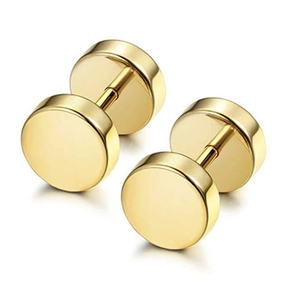Detailed view of golden stainless steel barbell stud earrings with flat disc design