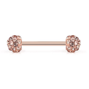 Detailed macro view of 14G rose gold barbell piercing with sparkling crystal disco balls