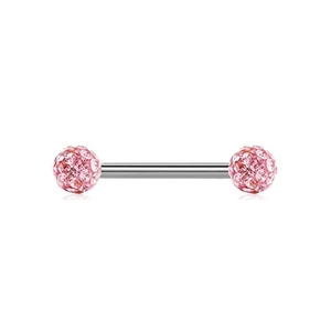 Macro detail of silver stainless steel tongue barbell with pink crystal pave balls