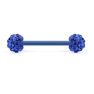 Deep blue stainless steel barbell piercing with double shimmering crystal balls
