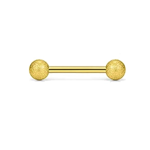 Gros plan d'un piercing barbell en acier inoxydable doré avec des billes dépolies