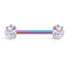 Macro detail of rainbow stainless steel barbell with colorful crystal pave balls
