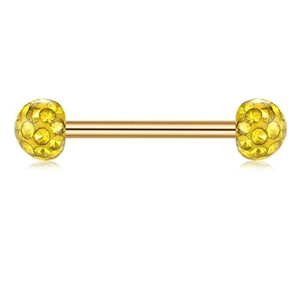 Macro shot of 14G gold stainless steel barbell piercing with sparkling yellow crystals