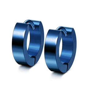 Detail of blue brushed stainless steel hoop earrings with a secure clasp closure