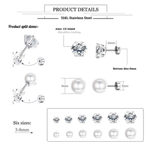 Set of 12 pairs of 316L stainless steel stud earrings with AAA cubic zirconia and pearls