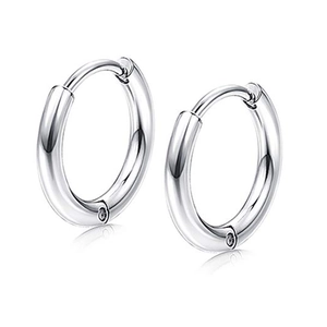 Polished silver stainless steel hoop earrings with hinged huggie clasp on white surface