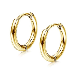 Close-up of golden polished stainless steel hoop earrings with reflective mirror finish