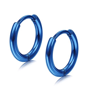 Close-up of electric blue plated stainless steel hoop earrings with polished finish