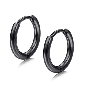 Detail of minimalist black stainless steel hinged hoop earrings with a mirror finish