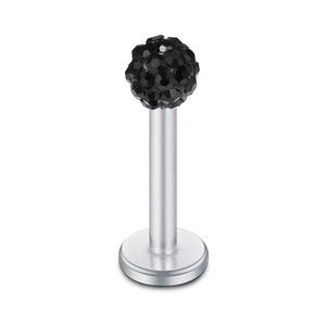 Macro shot of 16G stainless steel labret stud featuring a black paved crystal ball