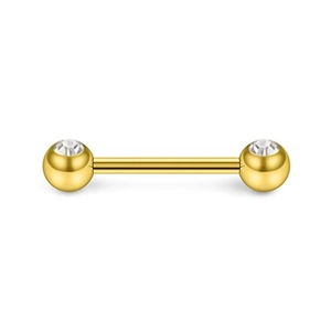 Détail d'un piercing barbell doré avec finition polie et incrustation de zircon clair