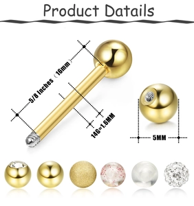 Lot de 12 piercings de langue 14G en acier avec billes de 5mm pailletées et cristaux