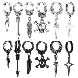 Stainless Steel Punk Hoop Earrings With Skull Cross Feather Arrow Sword Star Dangle Gothic Hip Hop Jewelry Men Women